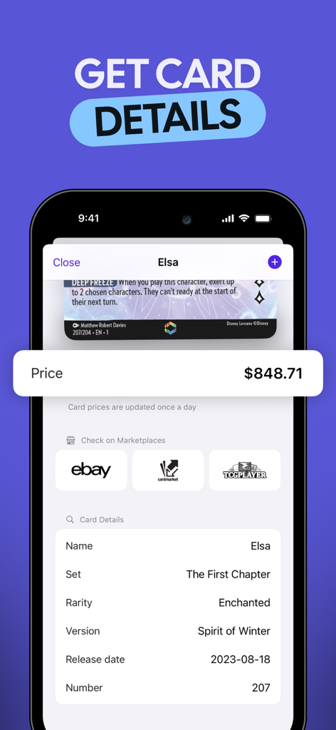 TCG Card Scanner for Lorcana - Smartphone app screen showing the market price and detailed rarity information for an Elsa Disney Lorcana trading card.