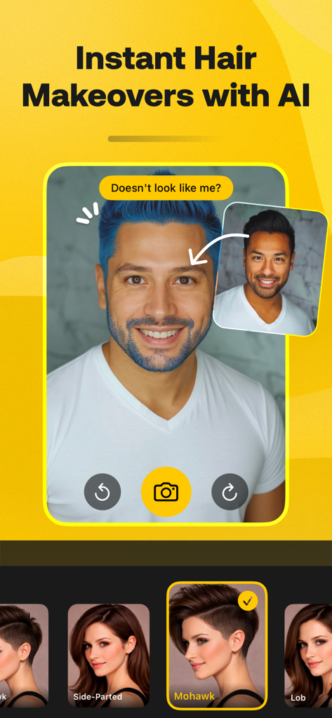 Hair Color & Style Changer AI - Man using the StyleGen AI app to try on a blue hair and beard color makeover.