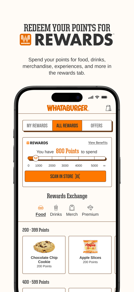 Whataburger app rewards screen showing available points and food items to redeem