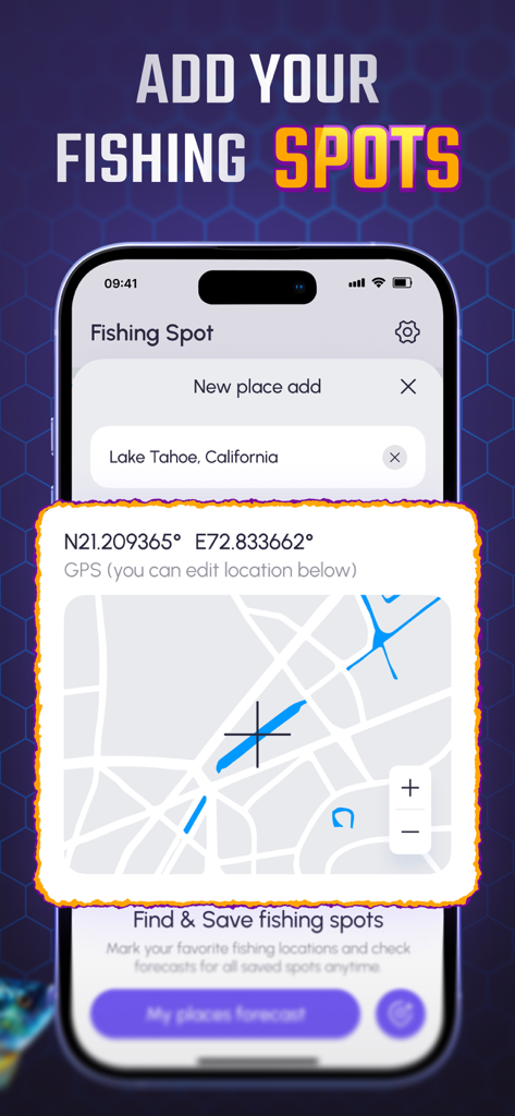 Fishing Spot Finder: Fish Mate - Fish Mate App-Oberfläche auf dem iPhone, die eine Karte und ein Werkzeug zum Hinzufügen eines neuen Angelplatzes im Lake Tahoe zeigt