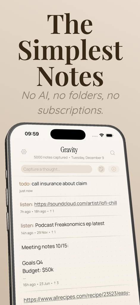 Tela do iPhone exibindo o fluxo de notas mínimas do aplicativo Gravity com várias entradas categorizadas