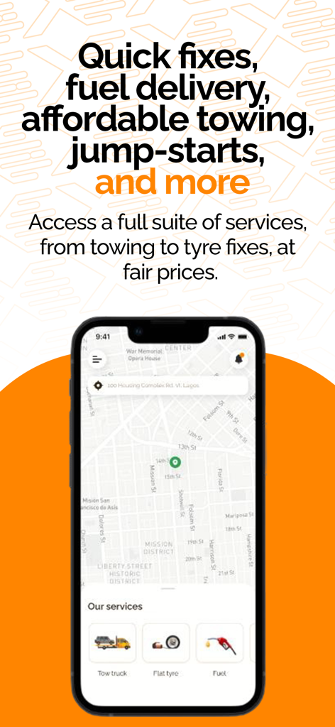Captura de pantalla de la aplicación ResQ-X que muestra un mapa y opciones de asistencia vial como remolque y entrega de combustible.