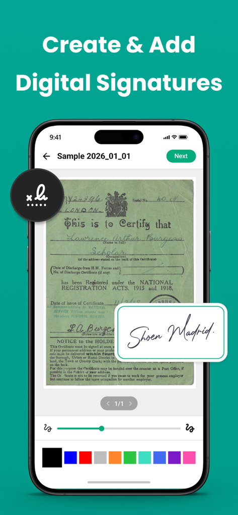 Um smartphone exibindo o recurso de assinatura digital do aplicativo Cam Scanner em um documento digitalizado.