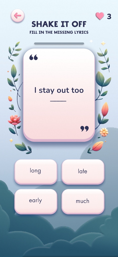 Taylor Tracks Trivia - Taylor Tracks Triviaのゲーム画面。Shake It Offの曲の欠けている単語パズルを表示