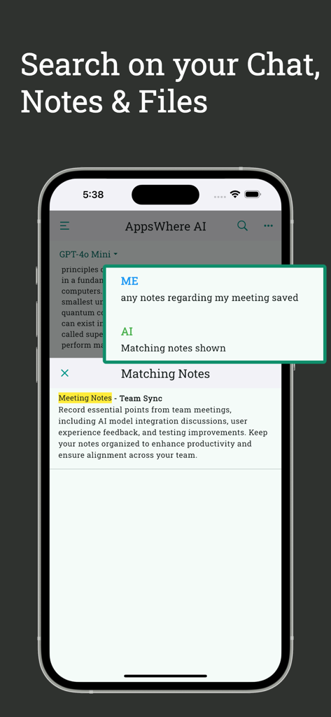 AI GPT Chat Bot - AppsWhere - Suchfunktion der AppsWhere AI App, die passende Meeting-Notizen aus einer Chat-Anfrage anzeigt.