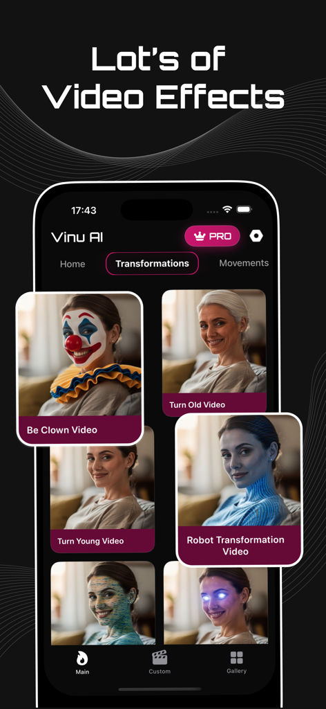AI Video Generator Hot : Vinu - Interfaz de la aplicación Vinu IA que muestra una variedad de efectos de transformación de vídeo como filtros de payaso y robot.