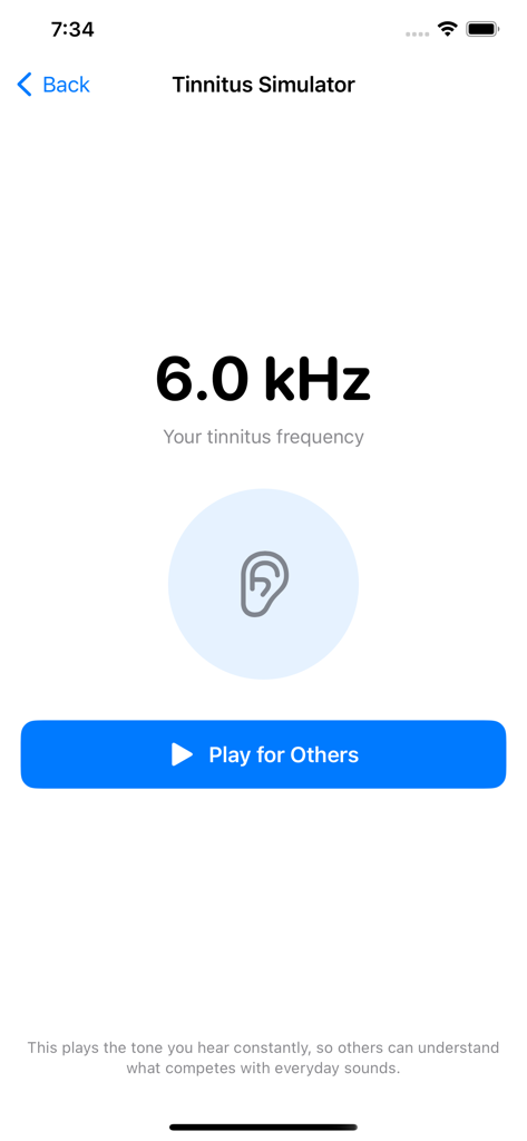 Audiology and Tinnitus app screen displaying a 6.0 kHz frequency simulator with a button to play for others.
