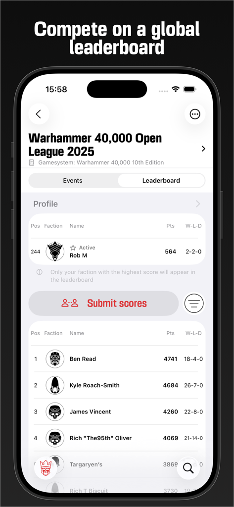 Tabletop Tactics - Warhammer 40000 Open League global leaderboard in the Tabletop Tactics mobile app