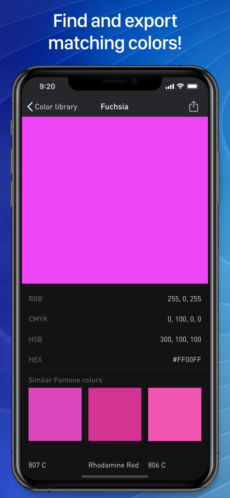 Color Name AR 앱에서 자홍색에 대한 상세 기술 색상 코드 및 팬톤 매칭