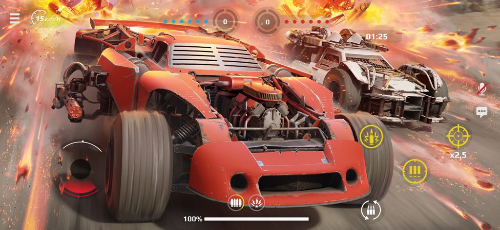 A customized red armored vehicle in a high speed post apocalyptic car battle with explosions