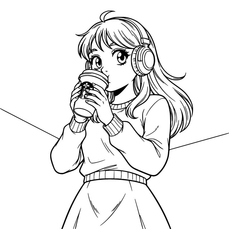 teenager with headphones on and wearing a plain sweater and a plain skirt drinking starbucks with a plain background