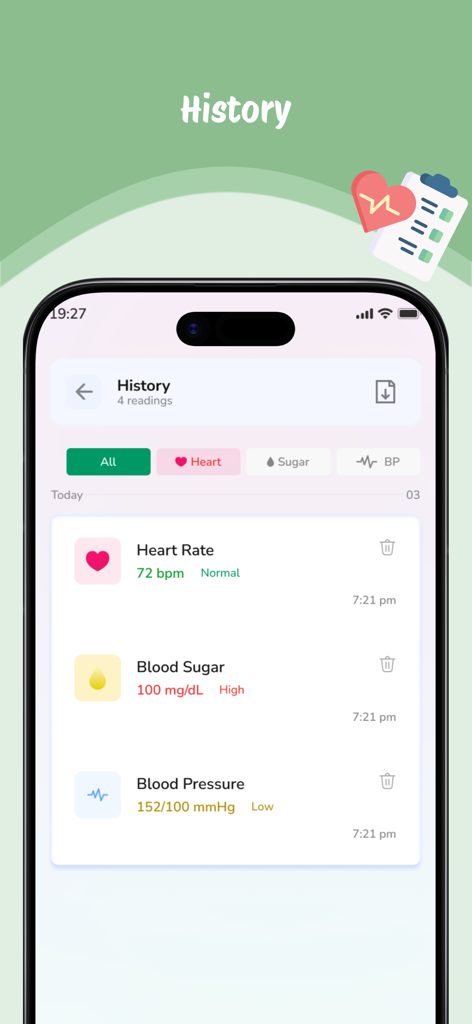 History log screen showing blood sugar and blood pressure readings on a mobile health app