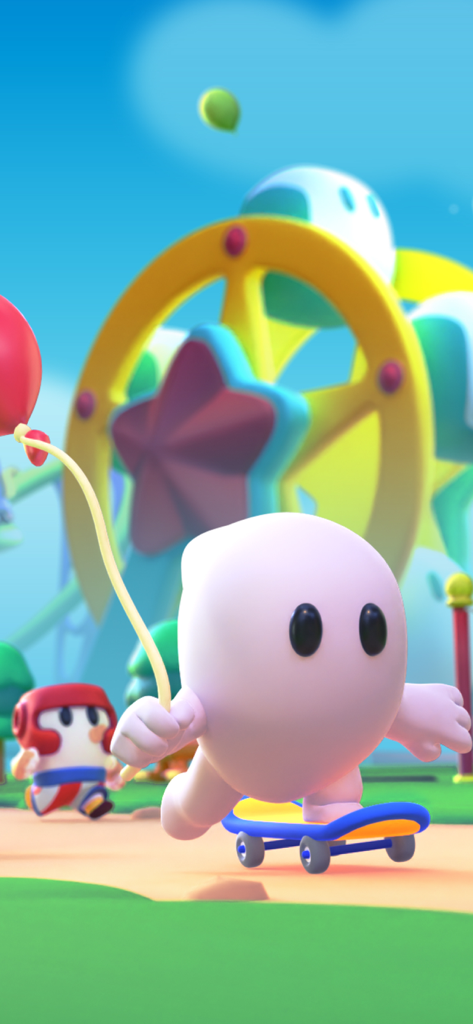 Pocket Champs PVP Racing Games - Um personagem branco andando de skate e segurando um balão vermelho em uma pista de corrida colorida ao ar livre