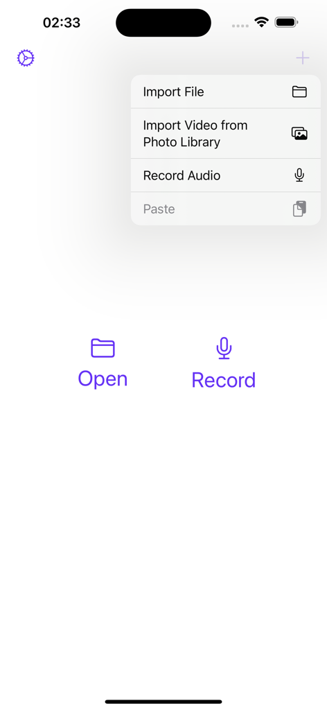 Aiko transcription app interface showing options to import files or record audio
