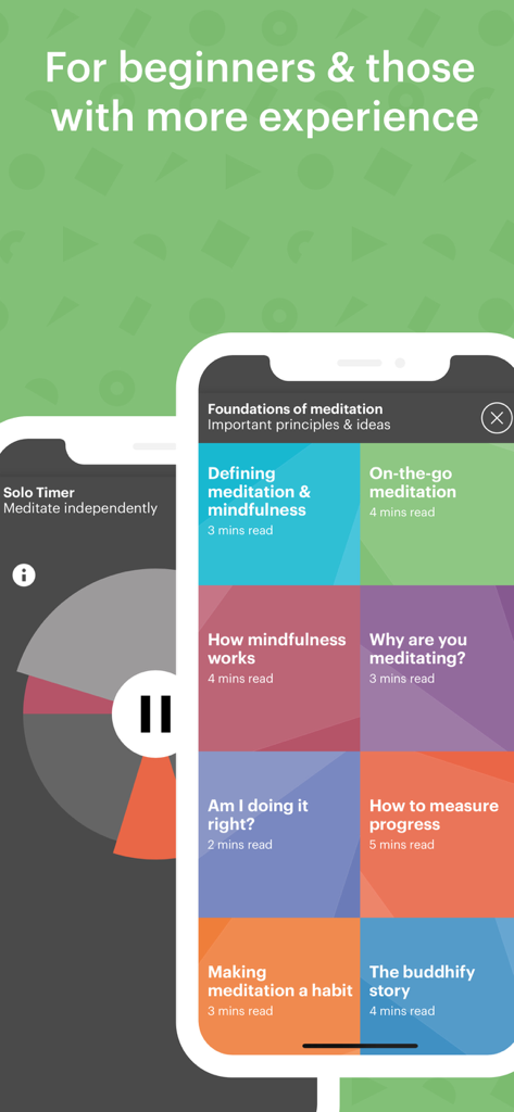 Buddhify app interface showing meditation foundations and a solo timer for beginners and experts