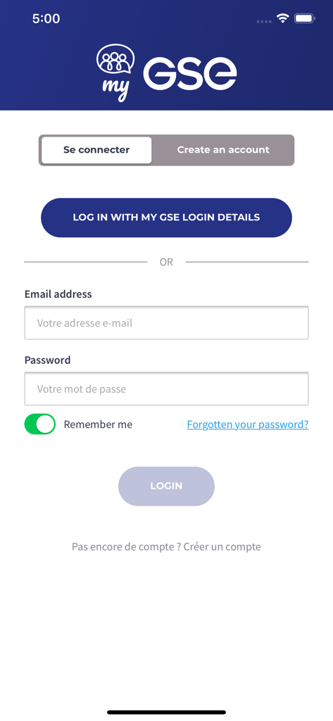 MyGSE - Login screen of the MyGSE employee app featuring email and password input fields with corporate branding
