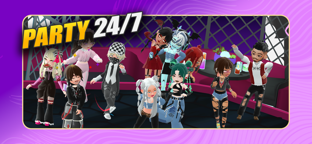 Hotel Hideaway: Avatar & Chat - Eine Gruppe vielfältiger 3D-Avatare tanzt in einem virtuellen Gesellschaftsraum mit dem Text Party 24 7