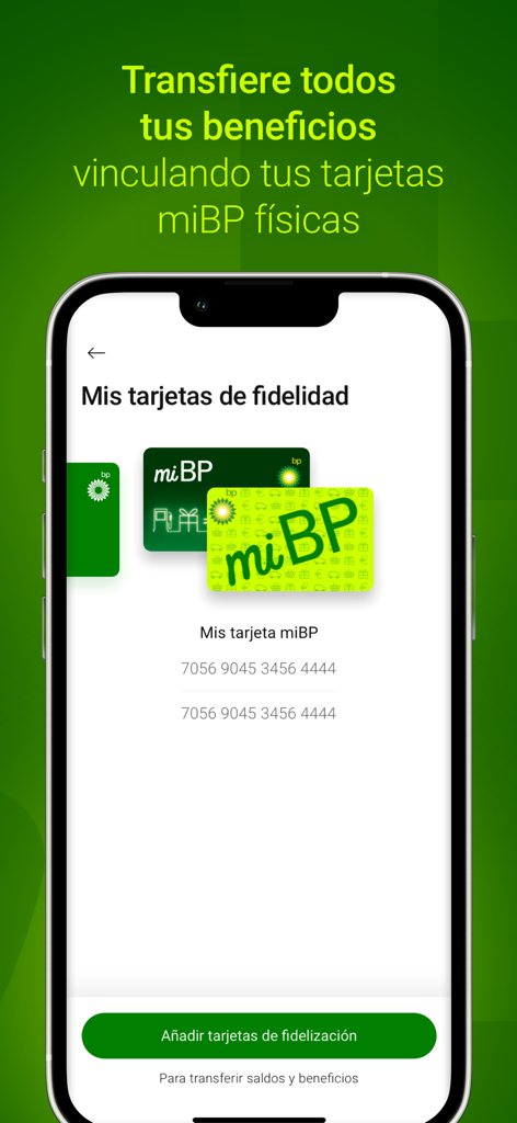 miBP ofertas y puntos gasolina - Smartphone screen showing the option to link physical miBP loyalty cards to the mobile app