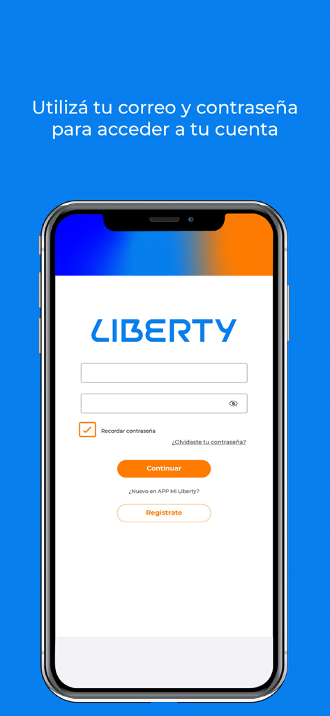 Mi Liberty - Login screen for the Mi Liberty app featuring email and password fields for account access.
