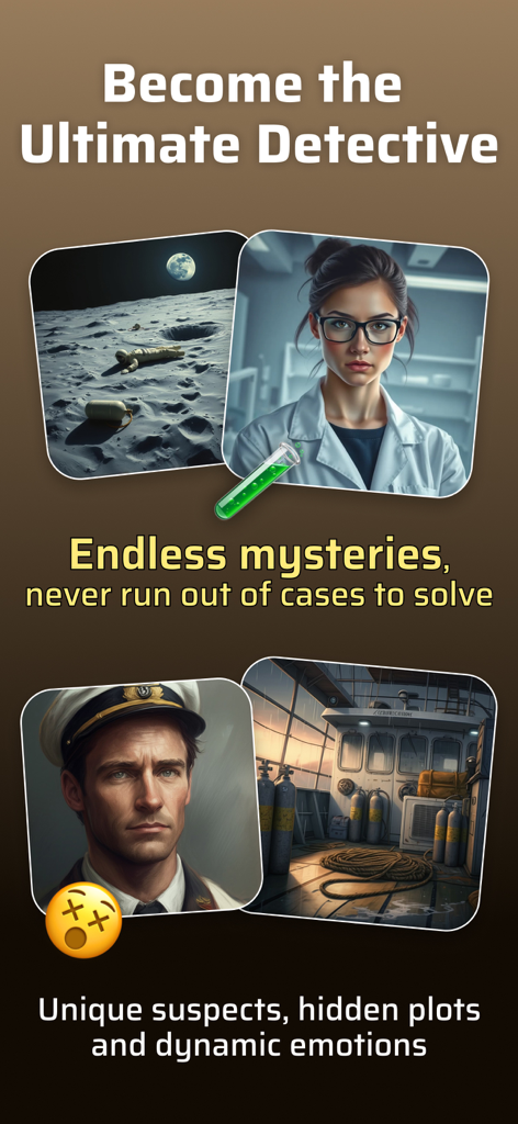 Krimi: Murder Mystery - Krimi Murder Mystery app showcasing diverse AI generated crime scenes and suspects.
