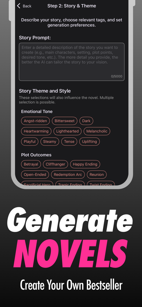 Jupi Novels & Booktok - Jupi Novels App-Bildschirm zeigt den KI-Story- und Themen-Generator mit anpassbaren emotionalen Tönen und Plot-Ergebnissen