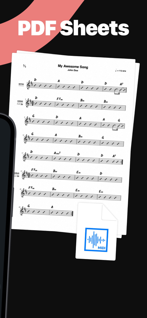 TONALY: Write & Practice Songs - A music lead sheet with chord progressions and a MIDI export icon from the Tonaly app