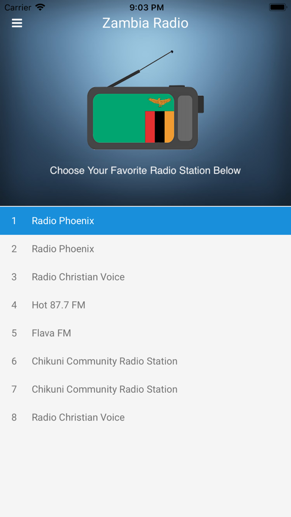 Zambia Radio Station FM Live - A list of live Zambian radio stations in the Zambia Radio app interface including Radio Phoenix and Christian Voice