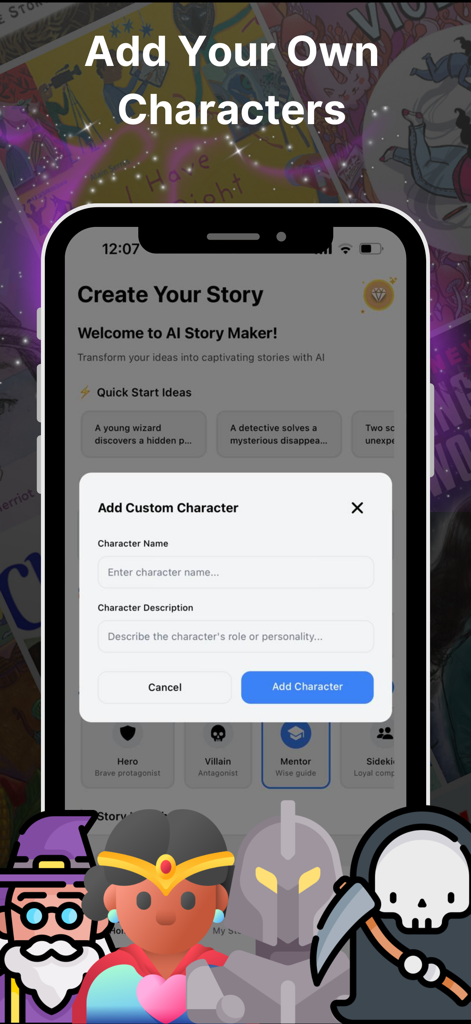 AI Storyteller: Book Creator - Smartphone screen showing the custom character creation interface in the AI Storyteller app with fields for character name and description.