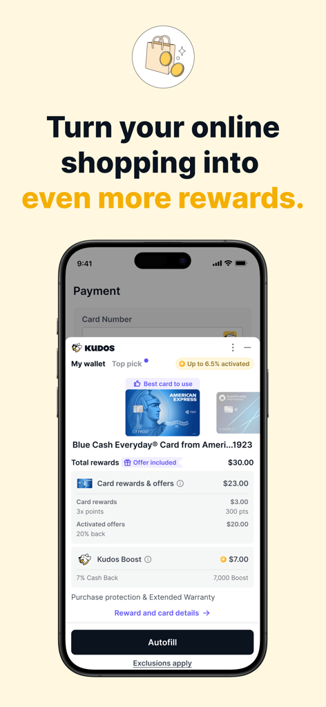 Kudos app recommending the best credit card for rewards during online checkout