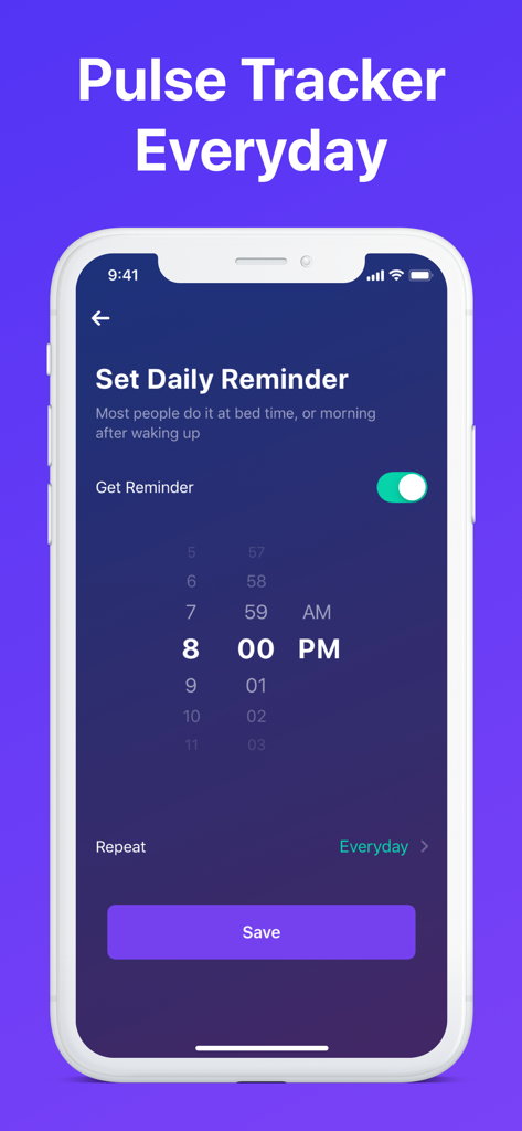Heart Rate Monitor - Pulse App - Screen for setting a daily pulse tracker reminder at 8 PM in the heart rate monitor app