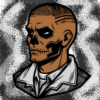 man with skull face and buzz cut
