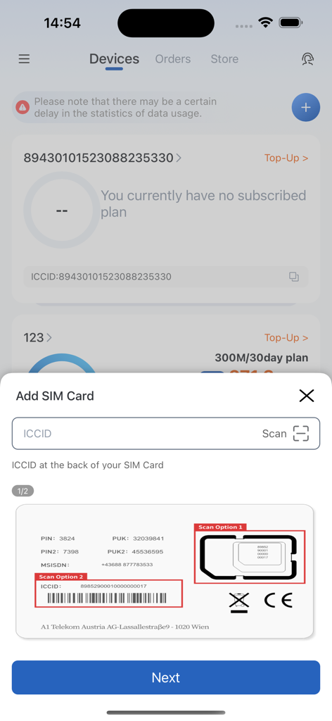 TOPSIM - TOPSIM mobile app screen to add a new SIM card by scanning the ICCID code