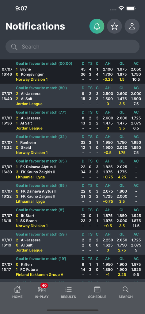 BetBallers - Interface of the BetBallers app showing a list of live sports notifications and match statistics.