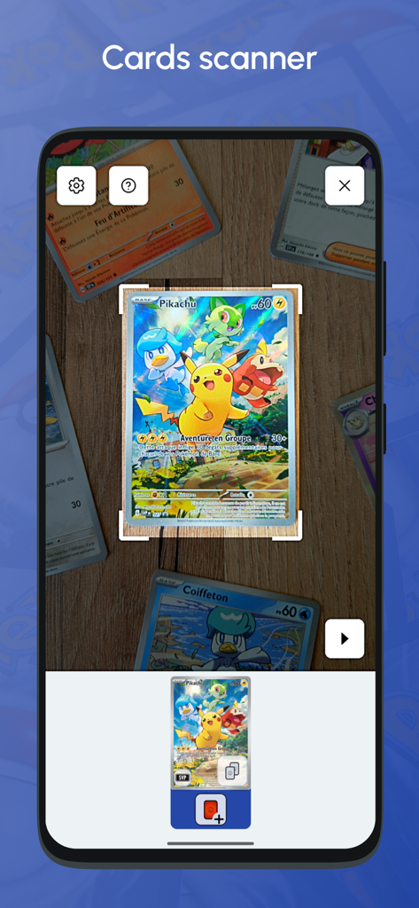 Pokécardex - Smartphone screen using the Pokécardex app to scan a Pikachu Pokémon card