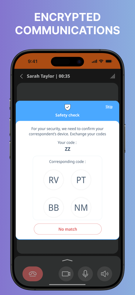 Linphone - Linphone mobile app safety check screen showing a security code exchange for encrypted communication.