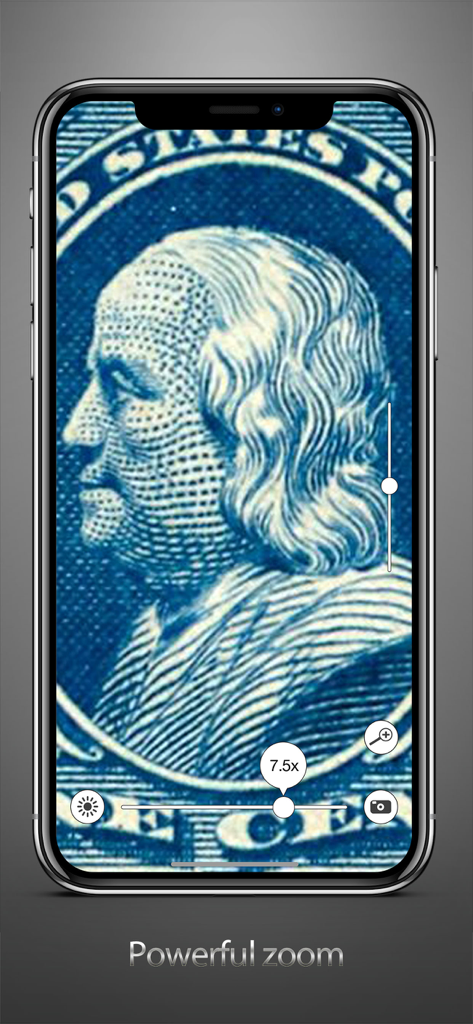 Magnifying glass ++ - Pantalla de smartphone que muestra la aplicación Lupa con zoom de 7.5x sobre un sello postal azul