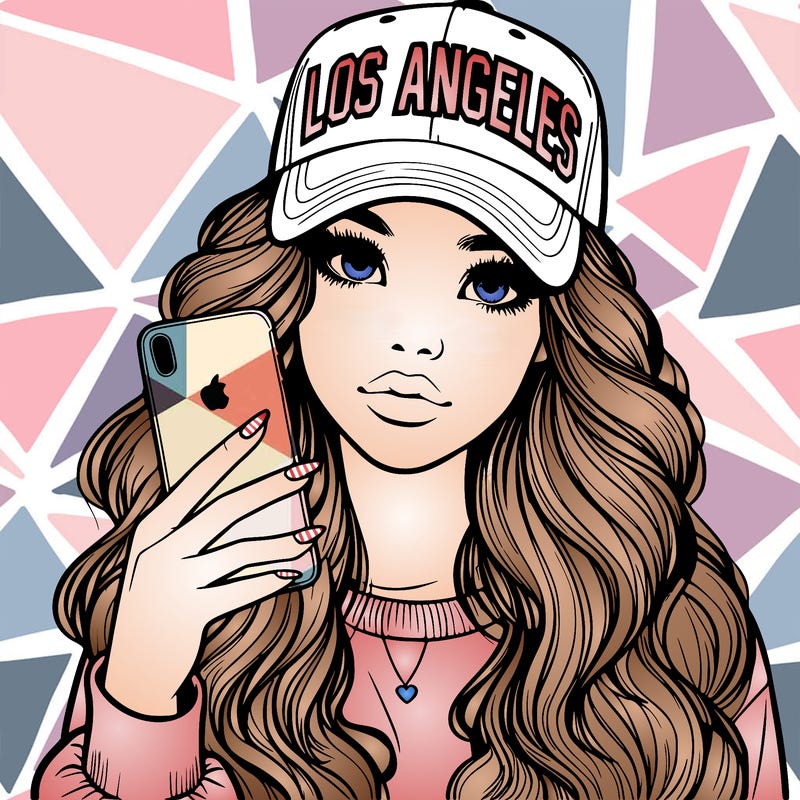 realistic beautiful girl wearing los ángeles cap holding an iphone