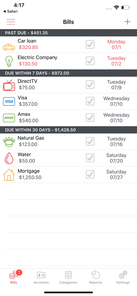 Bills Manager - Bills Manager app interface showing a list of past due and upcoming bills with payment amounts and due dates