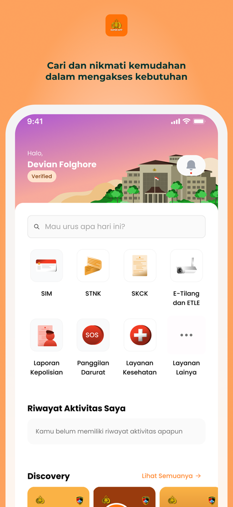 Super App Polri - Dashboard of the Super App Polri showing icons for SIM STNK and SKCK services