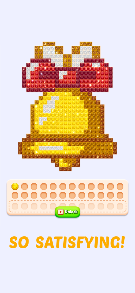 満足のいくピクセルアートパズルゲームで、きらめく宝石で作られた輝く金色のベルと赤いリボン。