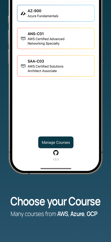 CloudMaster Swift - Tela do aplicativo móvel CloudMaster Swift para escolher cursos de certificação de nuvem, incluindo AWS e Azure.