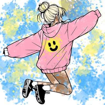 realistic girl jumping with a bun and oversized sweatshirt