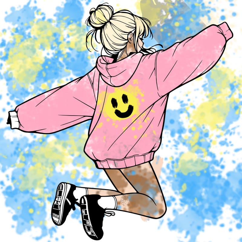 realistic girl jumping with a bun and oversized sweatshirt