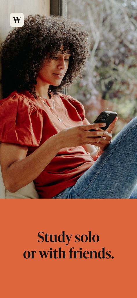 WordGo: The Bible Study App - A woman using the WordGo app on her phone with the text Study solo or with friends