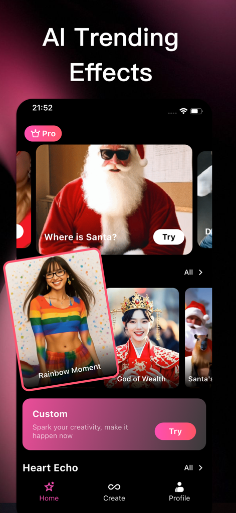ソーシャルメディアクリエイター向けのさまざまなAI生成トレンド動画エフェクトを表示するLumaアプリインターフェイス