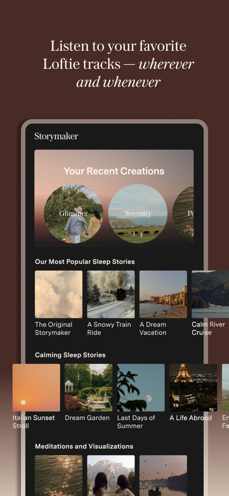 Loftie - A display of sleep stories and meditations within the Loftie app Storymaker