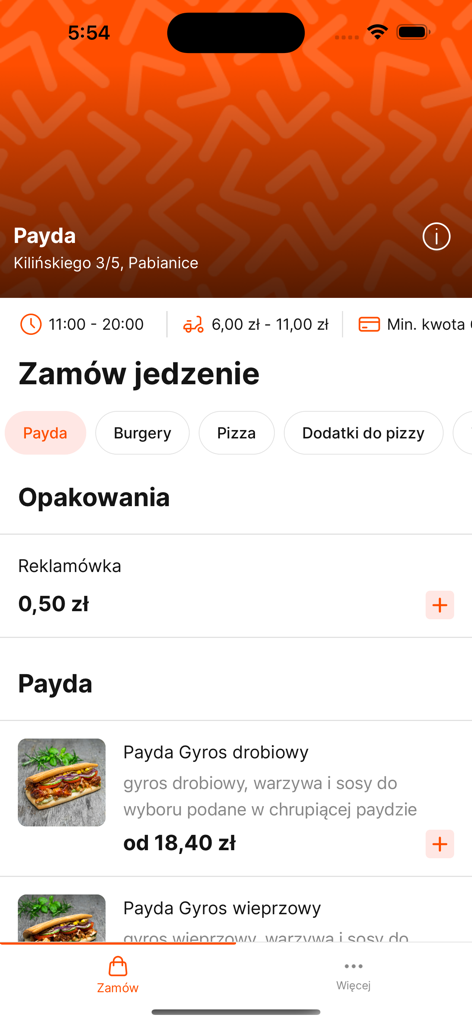 Payda - Payda mobile app menu displaying food options and delivery details