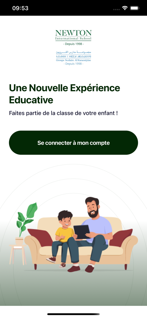 Newton - Al Karaouiyine - Tela de boas-vindas do aplicativo Newton Al Karaouiyine com um botão de login e uma ilustração de um pai e filho com um tablet