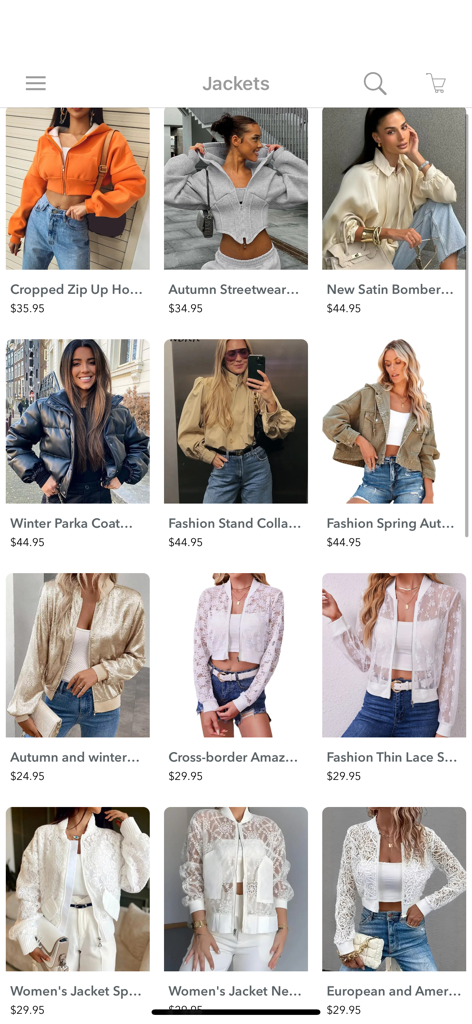 Top Fashion Clothing Shopping - Ein Katalog von trendigen Damenjacken und -mänteln, angezeigt mit Preisen in der Top Fashion Clothing Shopping App.