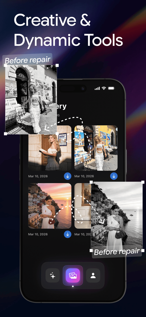 Rehancer AI - AI Photo - Rehancer AI app interface displaying creative tools for photo restoration and colorization from black and white originals
